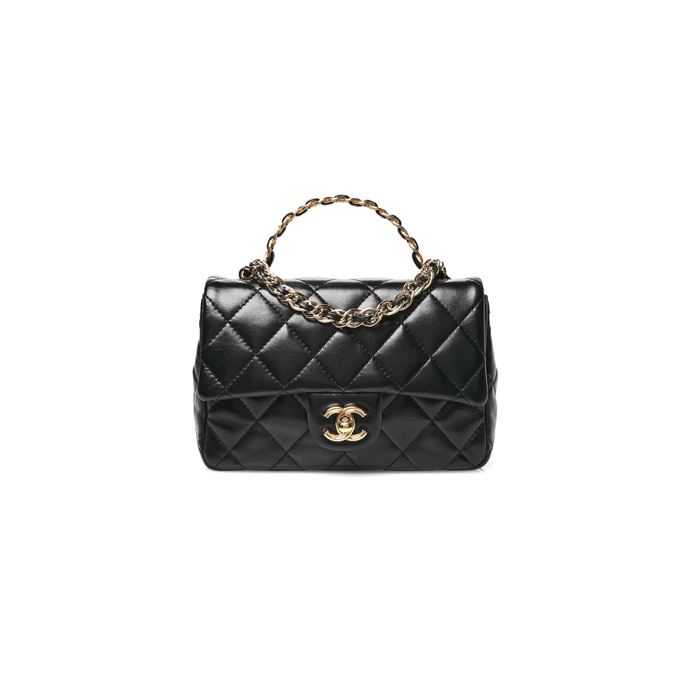 CHANEL SHINY LAMBSKIN QUILTED GOLDEN LINKS TOP HANDLE FLAP BLACK AS1160 (20*13*5cm)